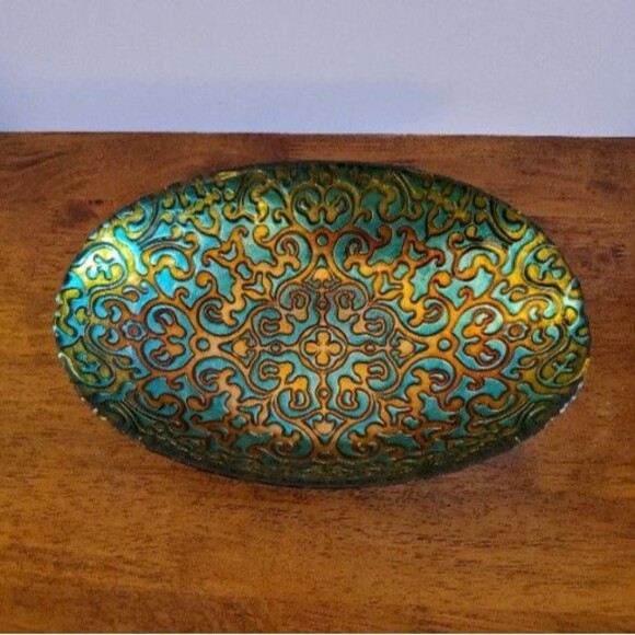 ArdaCam Hand-Painted Glass Serving Bowl Turq & Gold, Turkey, Environ Friendly - Picture 2 of 8